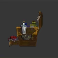 Wooden Chest Filled With Potion Bottles Books Scroll Skull Mortar And Pestle Mushrooms
