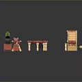 Pixel Art Furniture Set With Green Benches Red Tables Wooden Cabinets And Potted Plant