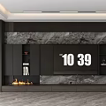 Modern Dark TV Wall Design With Textured Panel Cabinets And Fireplace Flames 3d model