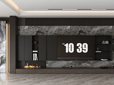 Modern Dark TV Wall Design With Textured Panel Cabinets And Fireplace Flames 3d model