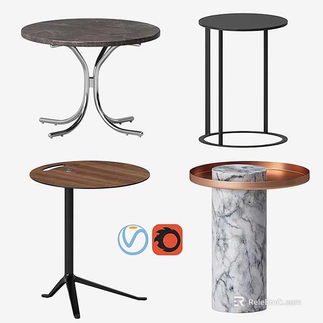 Modern Dining Tables With Wooden Marble Tops And Metal Round Bases Design 3d model 