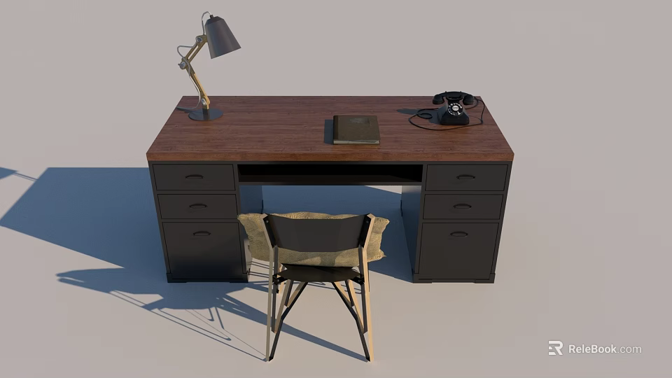 Wooden Office Desk With Black Desk Lamp Telephone Notebook Drawers And Matching Chair 3d model 