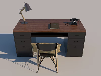 Wooden Office Desk With Black Desk Lamp Telephone Notebook Drawers And Matching Chair 3d model