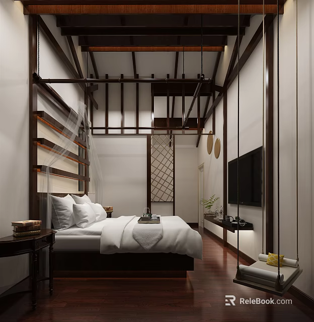 Hotel Guest Room Featuring Wooden Structure Ceiling Beams White Bedding TV And Wooden Lattice Screen 3d model 
