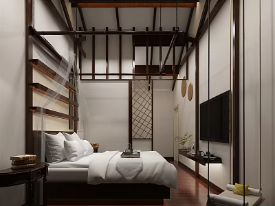 Hotel Guest Room Featuring Wooden Structure Ceiling Beams White Bedding TV And Wooden Lattice Screen 3d model