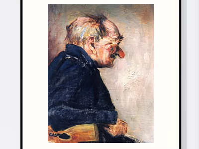 Portrait Painting of Elderly Man in Dark Clothing Sitting Sideways with Light Background 3d model