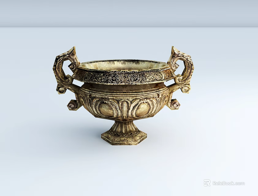 Ornate Golden Ceramic Vessel With Carved Patterns Double Handles And Square Base 3d model 
