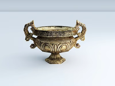 Ornate Golden Ceramic Vessel With Carved Patterns Double Handles And Square Base 3d model