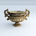 Ornate Golden Ceramic Vessel With Carved Patterns Double Handles And Square Base