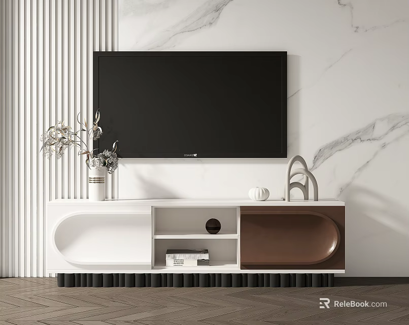 Modern White And Brown TV Stand With Vase Plants Round Decor On Marble Wall 3d model 