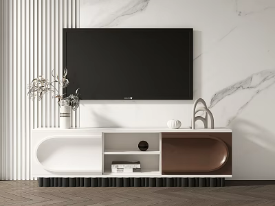 Modern White And Brown TV Stand With Vase Plants Round Decor On Marble Wall 3d model