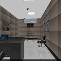 Office Interior With Blue Reception Desk Computers Office Chairs Black Sofas And Glass Cabinets 3d model