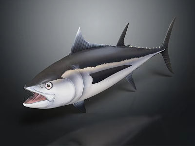 Realistic Tuna With Open Mouth And Black And White Body And Sharp Fins 3d model