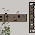 Minimalist Wooden Shelving Unit Displaying Tea Sets Decorative Items And Green Plants