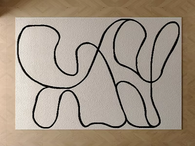 Light Colored Square Rug With Black Abstract Curved Patterns On Wooden Floor 3d model