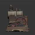 Antique Mechanical Steam Device Featuring Iron Boiler Red Wheel And Brick Base Structure