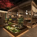 Traditional Chinese Restaurant Interior With Mahogany Dining Tables Chinese Screens Pendant Lights and Green Plants