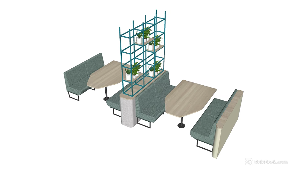 Public Chairs With Upholstered Seats Wooden Tables And Metal Plant Shelf Partition 3d model 