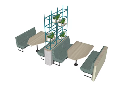 Public Chairs With Upholstered Seats Wooden Tables And Metal Plant Shelf Partition 3d model