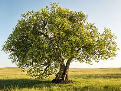 Lush Green Arbor With Thick Trunk In Open Grassland Under Clear Blue Sky 3d model
