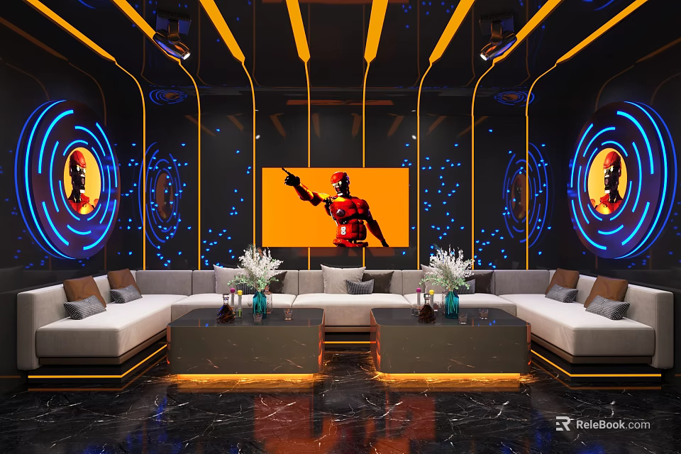 Modern KTV Room Interior With Neon Lights Large Screen Sofa Seating And Decorations 3d model 
