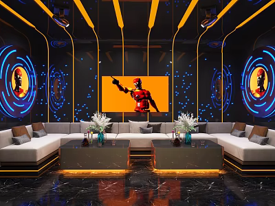 Modern KTV Room Interior With Neon Lights Large Screen Sofa Seating And Decorations 3d model