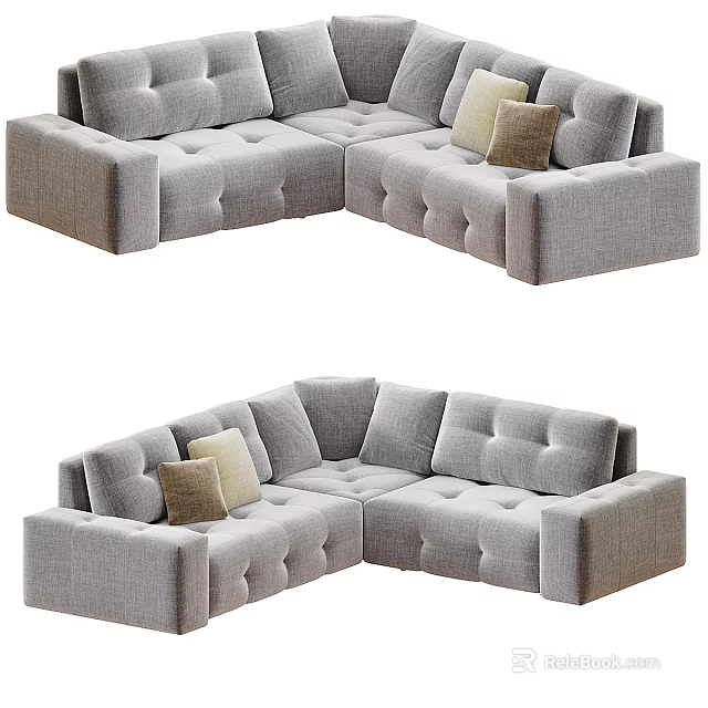 Gray L shaped Sectional Sofa With Tufted Design And Decorative Cushions 3d model