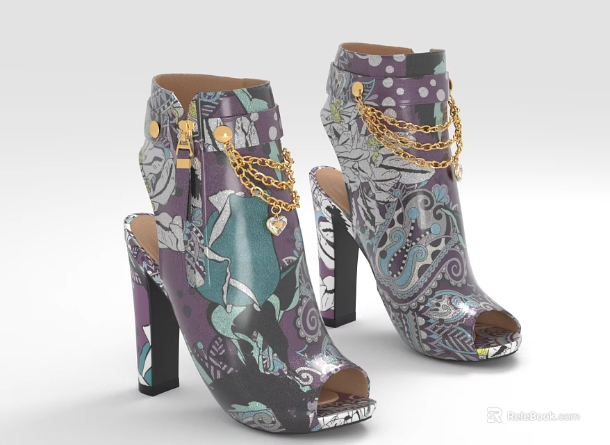 Stylish High Heel Shoes With Peep Toe Purple Green Printed Pattern And Gold Chains 3d model 