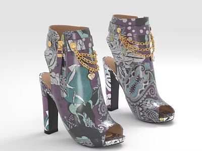 Stylish High Heel Shoes With Peep Toe Purple Green Printed Pattern And Gold Chains 3d model
