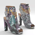 Stylish High Heel Shoes With Peep Toe Purple Green Printed Pattern And Gold Chains