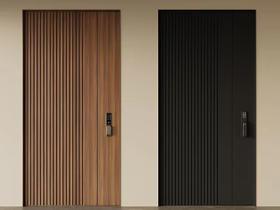 Wooden And Black Security Doors With Vertical Slats Design And Modern Locks 3d model