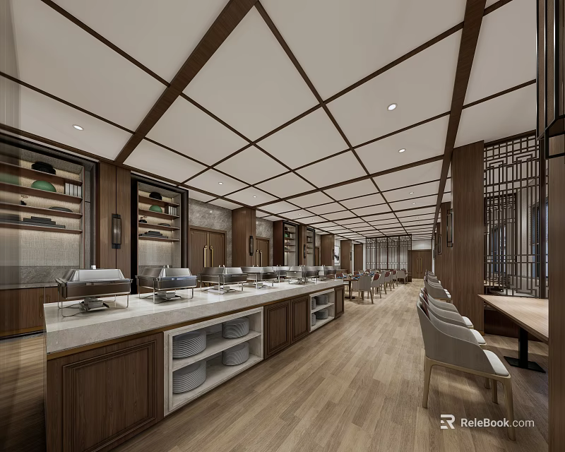Modern Open Kitchen Interior Design With Island Counter And Wooden Cabinets 3d model 