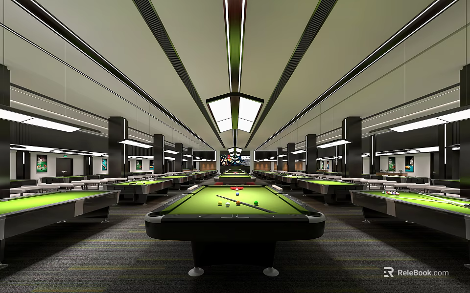 Modern Billiard Room Interior With Multiple Pool Tables And Bright Lighting 3d model 