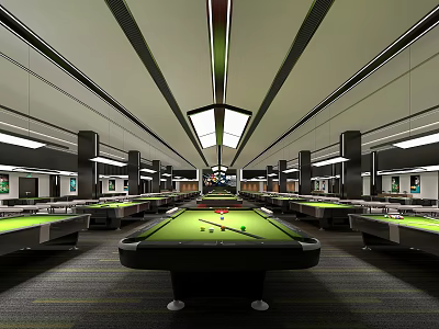 Modern Billiard Room Interior With Multiple Pool Tables And Bright Lighting 3d model