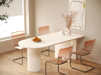 Modern Dining Table Set With White Oval Table And Transparent Pink Chairs With Fruit Bowl 3d model