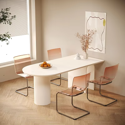 Modern Dining Table Set With White Oval Table And Transparent Pink Chairs With Fruit Bowl 3d model