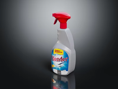 Blender Cleaning Spray With Red Nozzle White Body Blue Yellow Label On Dark Indoor Table 3d model