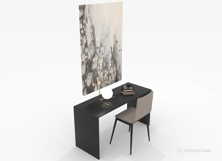 Modern Black Desk With Beige Chair Table Lamp Books And Abstract Wall Art 3d model 