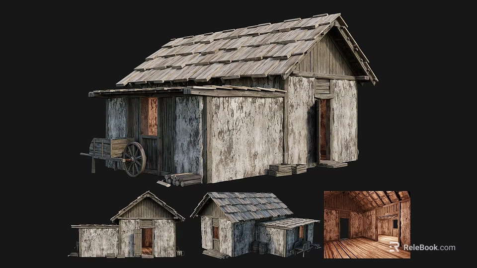 Ancient Wooden Building With Tile Roof Old Weathered Walls Wooden Cart And Interior Wooden Floors 3d model 
