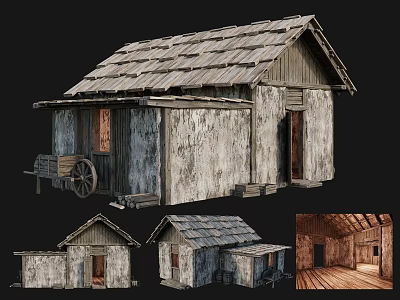 Ancient Wooden Building With Tile Roof Old Weathered Walls Wooden Cart And Interior Wooden Floors 3d model