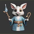 Anthropomorphic White Rabbit Fantasy Character Wearing Blue Robe With Staff Teardrop Ornament And Bell Belt
