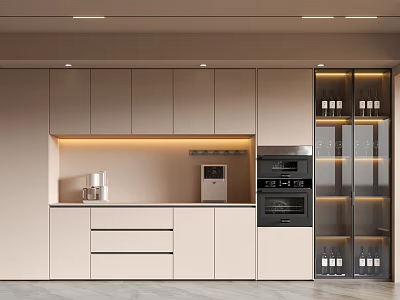 Modern Kitchen Wine Cabinet With Glass Door Wine Bottles Built In Lighting And Appliances 3d model