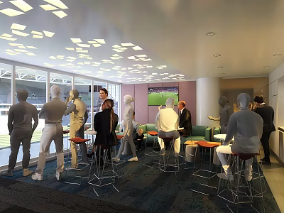 Modern Clubhouse With Large Windows Ceiling Lighting Sofas Tables Large Screen TV And People Interacting 3d model