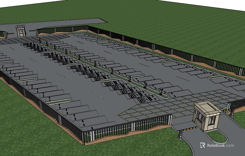 Well Designed Parking Lot With Fence Guard Booth And Green Grass Area 3d model 