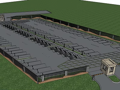 Well Designed Parking Lot With Fence Guard Booth And Green Grass Area 3d model