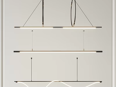 Stylish Modern Interior With Linear And Curved Pendant Lights In Black Gold Metal Design 3d model