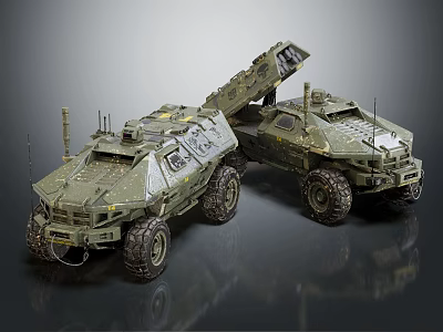 Military Green Armored Functional Vehicle With Dual Units Off-Road Tires And Tactical Gear 3d model