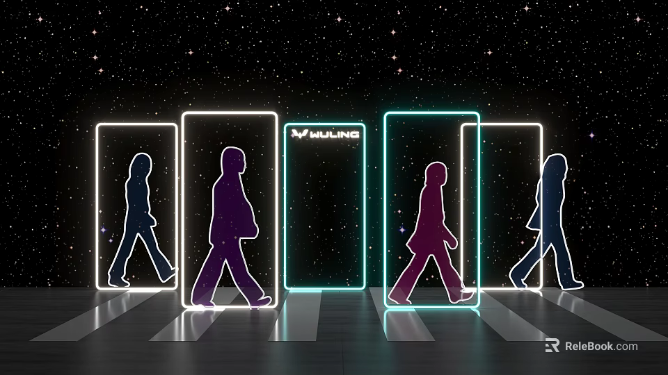 Neon Pedestrian Silhouettes Walking Through Frames With MULLINS Logo And Starry Sky 3d model 