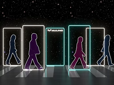 Neon Pedestrian Silhouettes Walking Through Frames With MULLINS Logo And Starry Sky 3d model