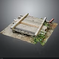 Rustic Wooden Pallet Structure With Green Foliage And Garden Tool On Soil Mat